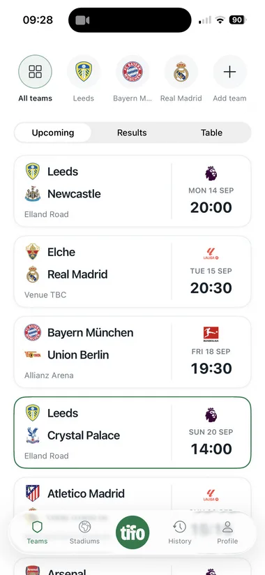 Upcoming fixtures across the teams you follow, with competition badges and kick-off times.