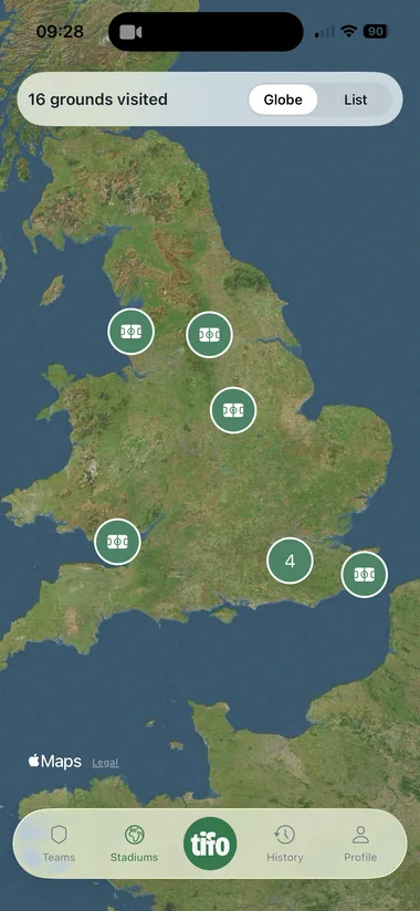 A map of the United Kingdom with pins marking sixteen grounds visited.