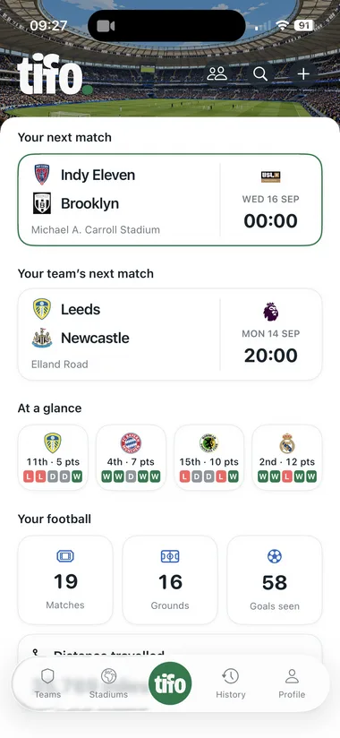 Tifo home screen showing your next match, your team's next match and a summary of matches, grounds and goals seen.