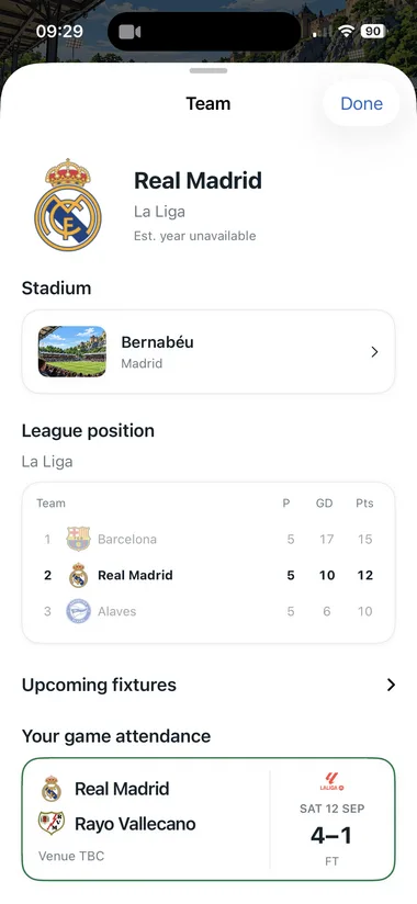 A team profile showing home stadium, league position and the matches you attended.